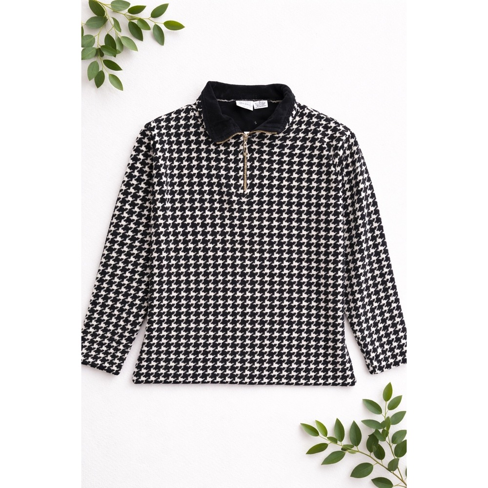 Maxwell Jason Quarter Zip Pullover Womens PL Black White Houndstooth Petite‎ Top